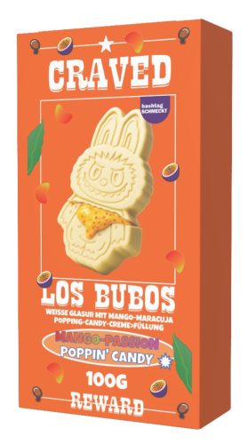Schmeckt Los Bubos fehér csokoládé, mangós és passiógyümölcsös robbanócukor töltelékkel, 100 gramm